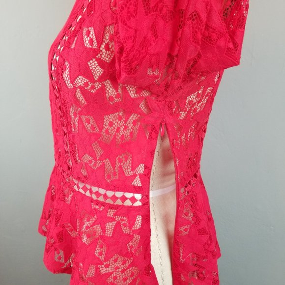 Minkpink Red Sheer Lace Blouse with Stars Flared Sleeves Women's Size Small - Picture 7 of 8